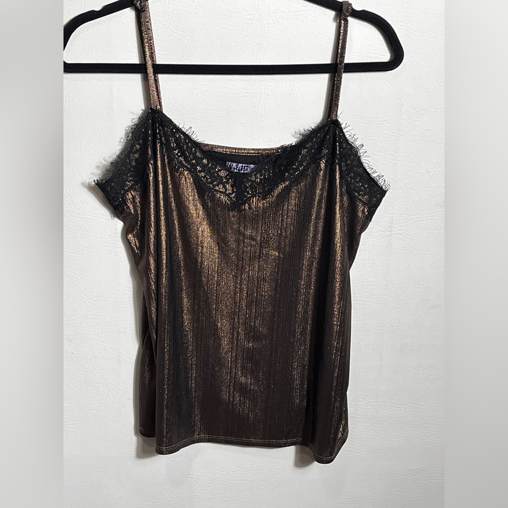 Brown Metallic Black Lace Trim Cami Top Large